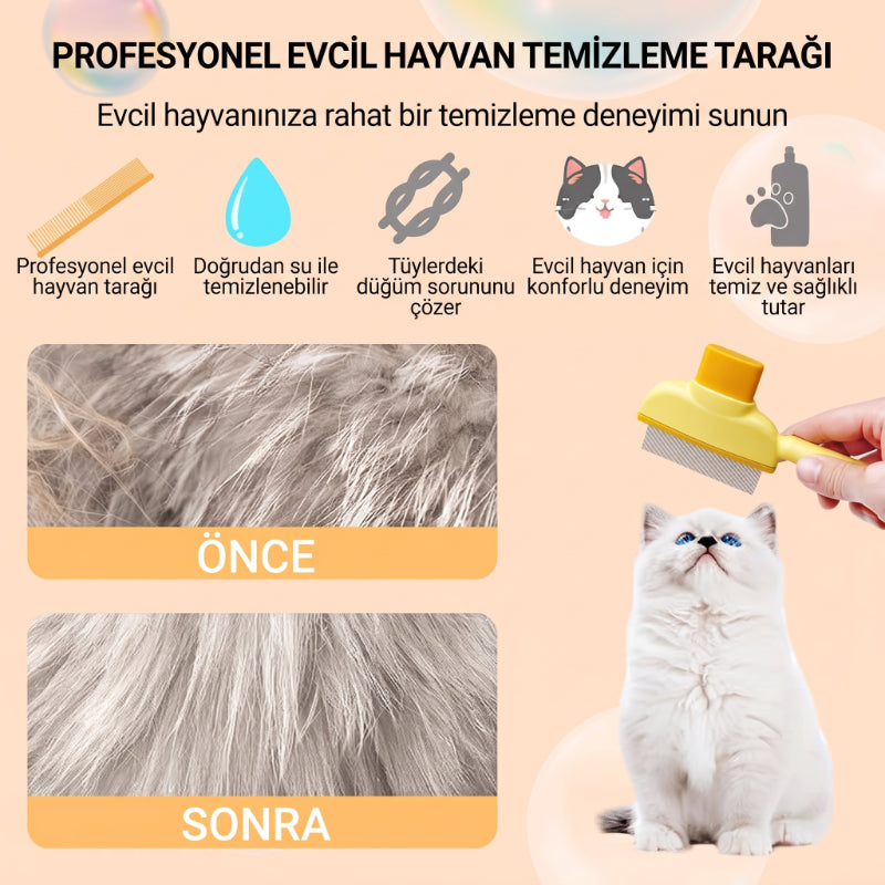 Pratik Evcil Hayvan Kıtık Açıcı Tarak - Basmalı - Kendi Kendine Temizlenebilen - Tüy Toplama Tarağı